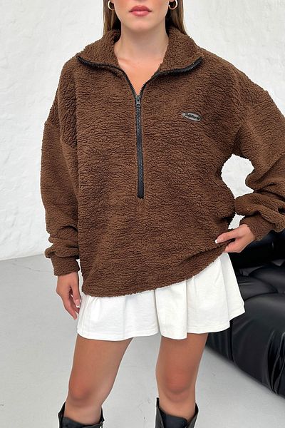 Know Women's 3 Thread Coffee Fulfilling Life Printed Oversize Half Zip Soft Textured Plush Sweatshirt