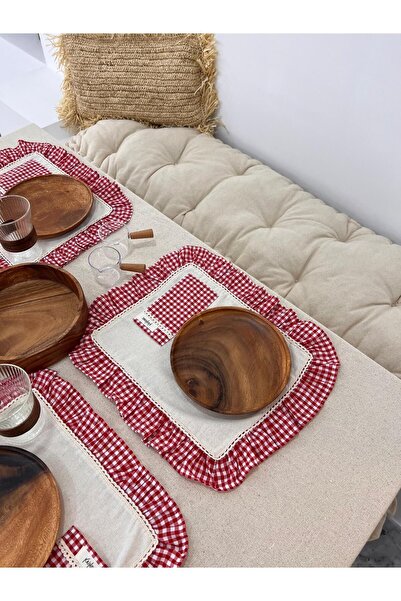 KaiHome 4-Piece Raw Linen Service - American Supla with Pockets and Checkered Ruffle Detail