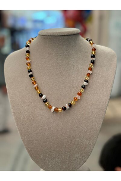 KEHRİBAREVİ EREĞLİ Kehribar kolye yetişkin pembe kuvars kombinli kehribar kolye gerdanlık