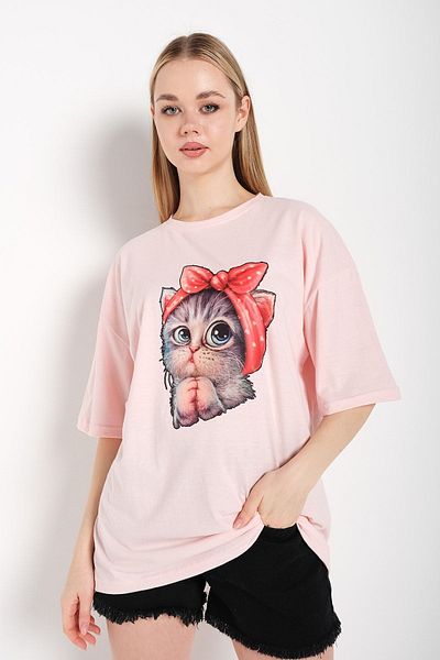 Know Γυναικείο μπλουζάκι σε σκόνη Pink Cat Printed Oversize