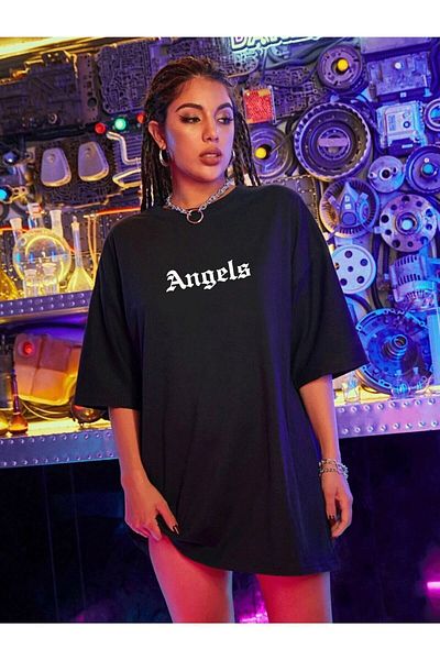 Know Tricou negru oversize cu imprimeu Pure Angels pentru damă