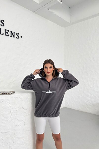 Know Women's 3 Thread Smoked Climbing Mountain Printed Oversize Half Zipper Hooded Fleece Sweatshirt