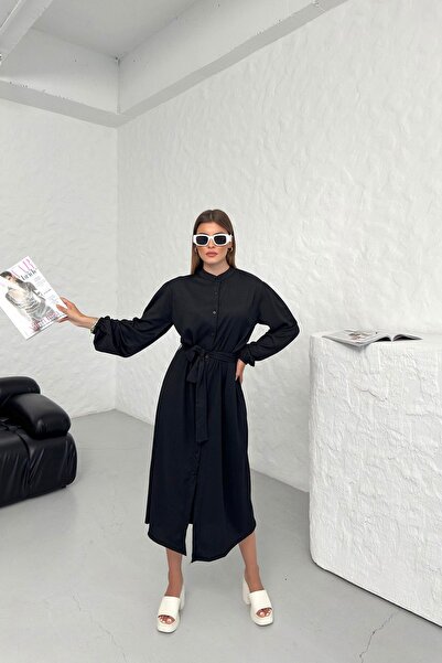 Know Μαύρο βαμβακερό τσακισμένο φόρεμα - Γυναικείο