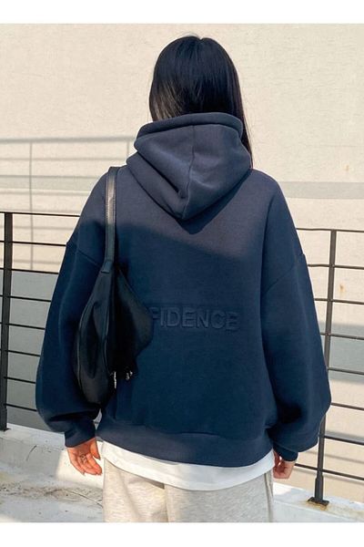 Know Women's 3 Thread Navy Blue Confidence Printed Hooded Sweatshirt