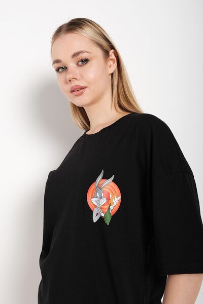 Know Bugs Bunny Printed Black Oversize T-Shirt