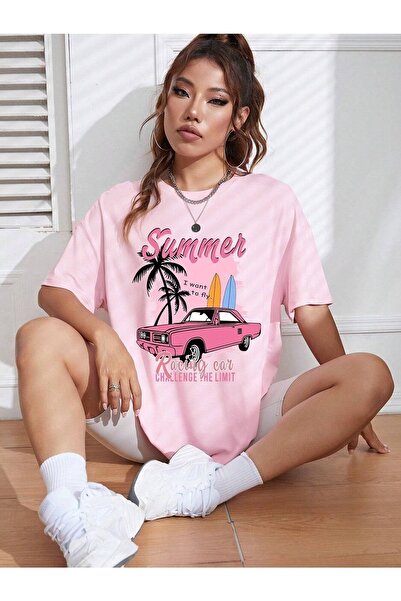 Know Women's Pink Summer Racing Car Printed Oversize T-shirt