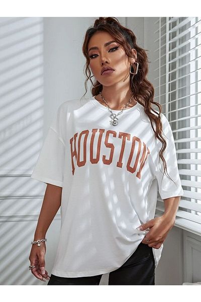 Know Γυναικείο μπλουζάκι White Houston με στάμπα oversize