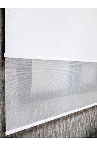 BBB Saten Çizgili Çift Mekanizmalı Tül Stor Perde Beyaz MT1000