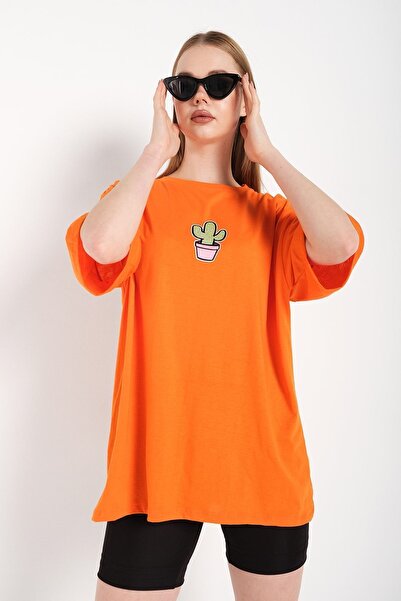 Know Women's Orange Cactus Logo Printed Oversize T-shirt