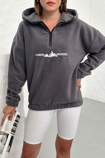 Know Dámská 3 nitná zakouřená fleecová mikina s kapucí s potiskem oversize s polovičním zipem
