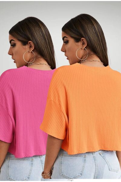 Know Pink Orange Oversize Crop Blouse and Ribbed Waist Blouse - Set of 2
