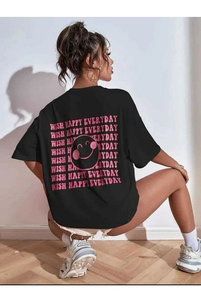 Know Schwarzes Oversize-T-Shirt mit „Wish Happy Everyday“-Aufdruck für Damen