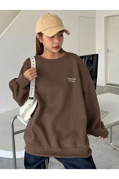 Know Women's 3 Thread Coffee Staggertly Bedrucktes Sweatshirt mit Rundhalsausschnitt