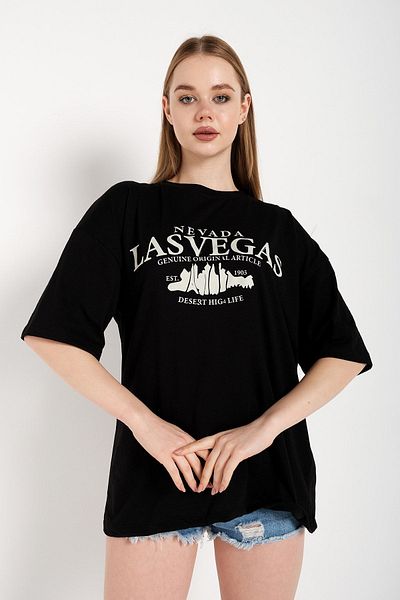 Know Tricou negru oversize cu imprimeu Las Vegas pentru femei