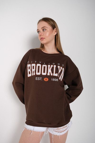 Know Γυναικεία φούτερ με στάμπα Brooklyn Citylights με 3 κλωστές καφέ Oversize 000