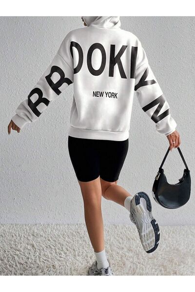 Know Dámská mikina s kapucí, s bílými rukávy Brooklyn New York s potiskem oversize