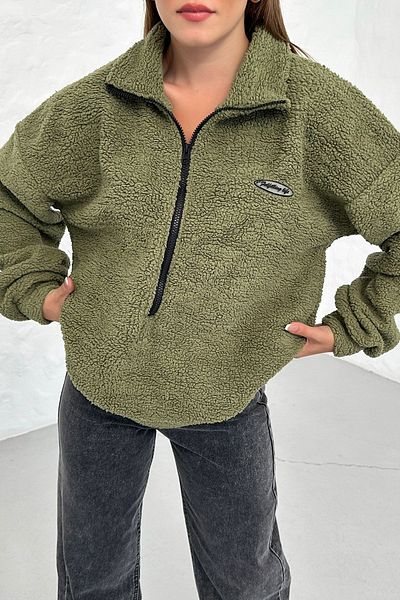 Know Women's 3 Thread Khaki Fulfilling Life Printed Oversize Half Zip Soft Textured Plush Sweatshirt