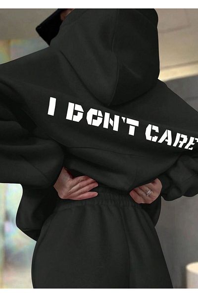 Know Women's 3 Thread Black I Dont Care Printed Hooded Tracksuit Set