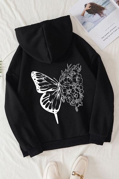 Know Oversize mikina s kapucí Black Flower Butterflies