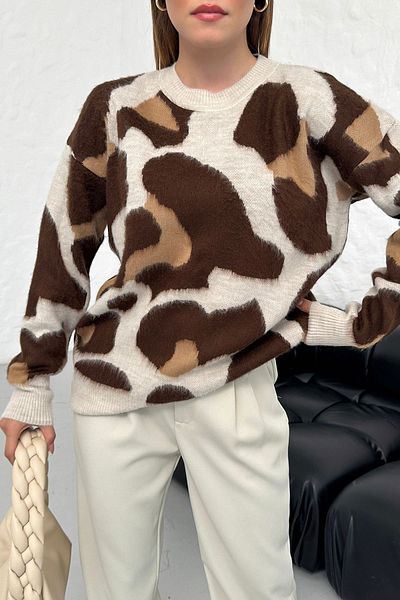 Know Off Shoulder Brown Leopard Patterned Knitwear Sweater