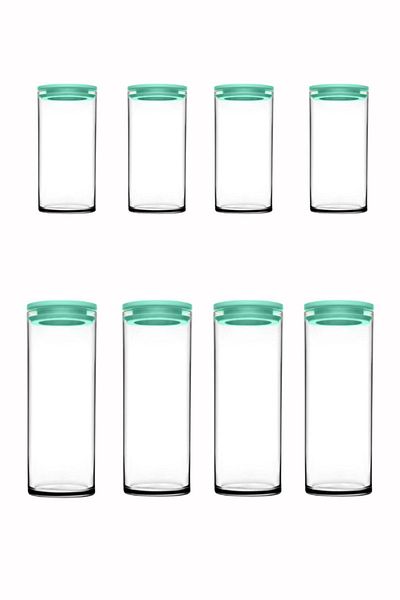 Paşabahçe Vacuum Glass Jar - Glass Erzak Storage Container 8 Pieces 2 Size Turquoise