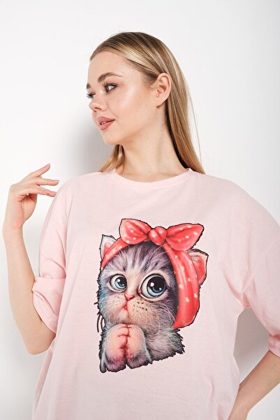 Know Women's Powder Pink Cat Printed Oversize T-Shirt