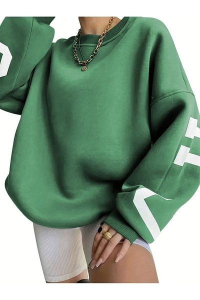 Know Women's 3 Thread Nefti Green Sleeves Chicago Printed Oversize Crew Neck Sweatshirt