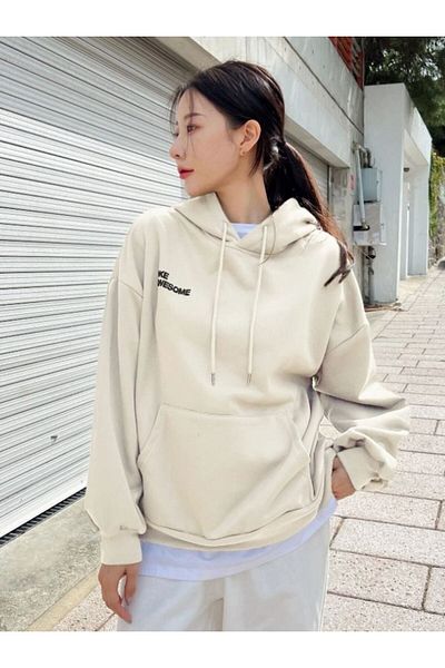 Know Women's 3 Thread Beige Confidence Printed Hooded Sweatshirt