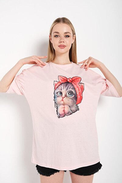 Know Women's Powder Pink Cat Printed Oversize T-Shirt