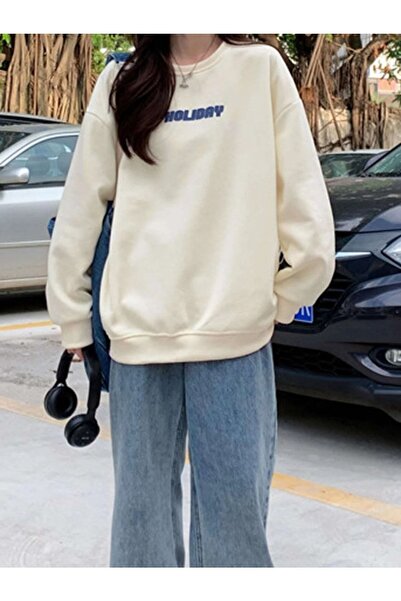 Know Dámská oversize mikina se 3 vlákny Ecru Holiday s potiskem