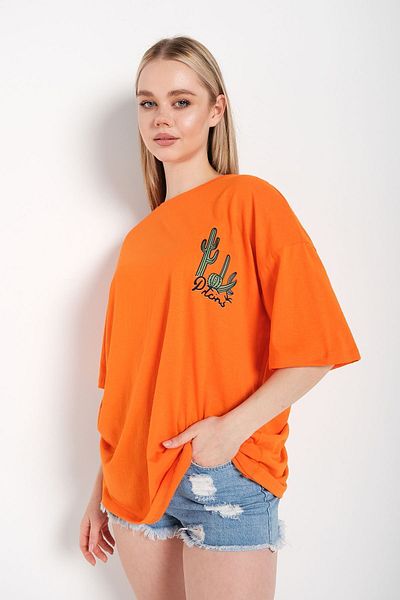 Know Women's Orange Oversize Cactus Printed T-shirt T-Shirt