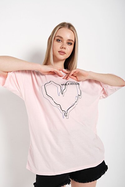 Know Women's Striped Figure Heart Powder Pink T-shirt Have A Holiday Printed
