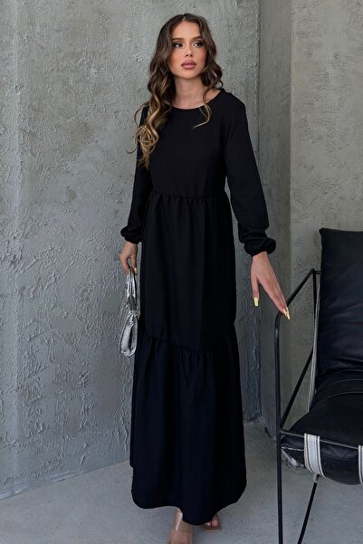 Know Μαύρο μακρυμάνικο γυναικείο φόρεμα Frilly Crew Neck