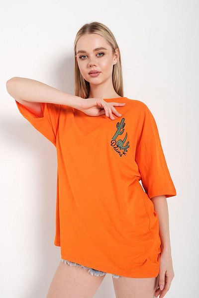 Know Women's Orange Oversize Cactus Printed T-shirt T-Shirt
