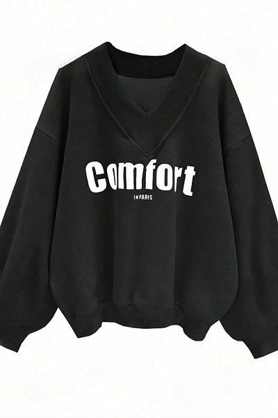 Know Dámská oversize mikina se 3 vlákny v černé barvě Comfort v Paříži s výstřihem do V