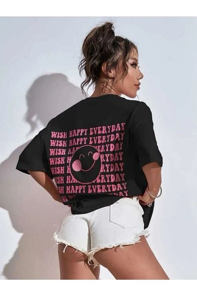 Know Schwarzes Oversize-T-Shirt mit „Wish Happy Everyday“-Aufdruck für Damen