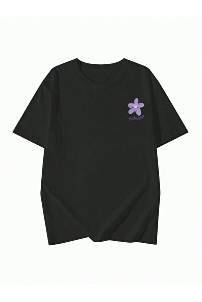 Know Women's Black Flower Printed Oversize T-Shirt
