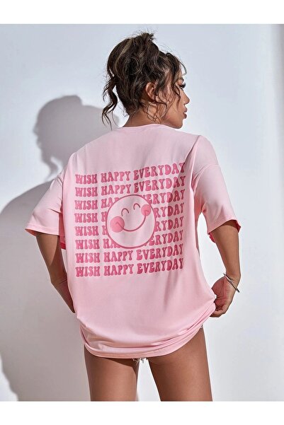 Know Kadın Pembe Wish Happy Everyday Baskılı Oversize T-shirt