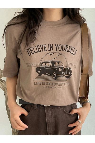 Know Hnědé dámské oversize tričko Believe In Yourself s potiskem
