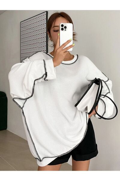 Know Hanorac supradimensionat pentru femei, cu 3 fire, alb, cu detalii Amusements