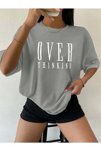 Know Dámské barvené šedé oversize tričko s potiskem