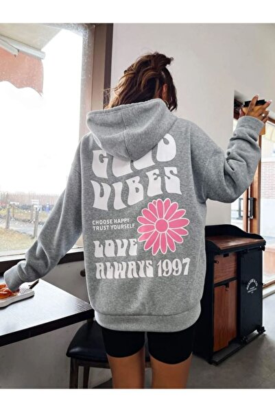 Know Dámská šedá mikina s kapucí Good Vibes z roku 1997 s potiskem