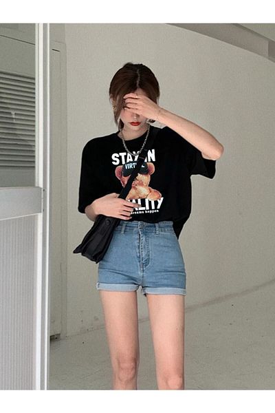 Know Tricou negru pentru femei Stay In imprimat oversize