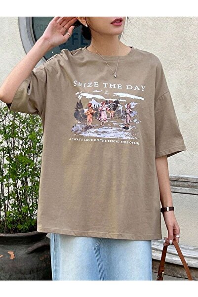 Know Women's Brown Seize The Day Printed Oversize T-shirt
