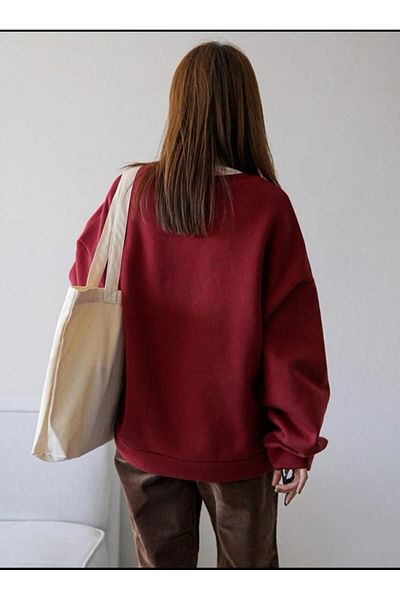 Know Women's 3 Thread Claret Red Vacation Joy Wake Printed Oversize Crew Neck Sweatshirt