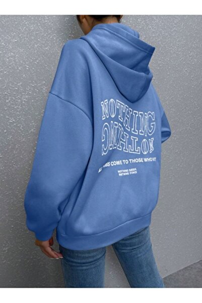 Know Γυναικείο φούτερ με 3 κλωστές μπλε ανεστραμμένο απλό Nothing printed oversize φούτερ