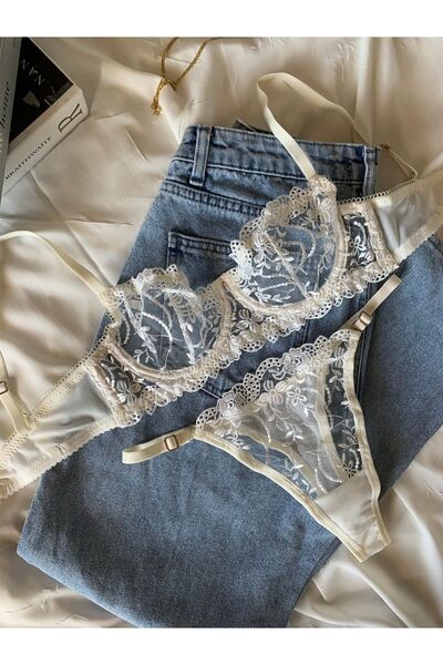 ROZENİN LINGERIE Set sutien brodat fără cupă cu sârmă florală ecru