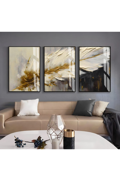 Harikabirev HARİKABİREV | COMBINAT DE PĂRĂ MOALE DE CULOARE NEGRU-AUR | TABLO DE STICLA CU CADRU 3 PIESE VERTICAL