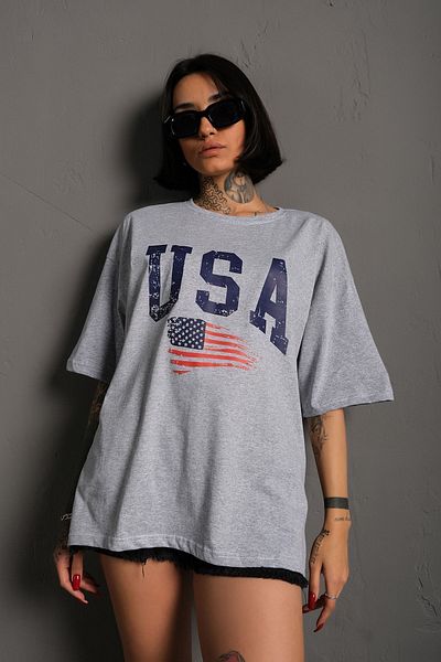 Know USA Flag Printed Gray Oversize T-Shirt