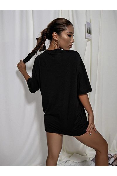 Know Tricou negru oversize cu imprimeu intens pentru femei